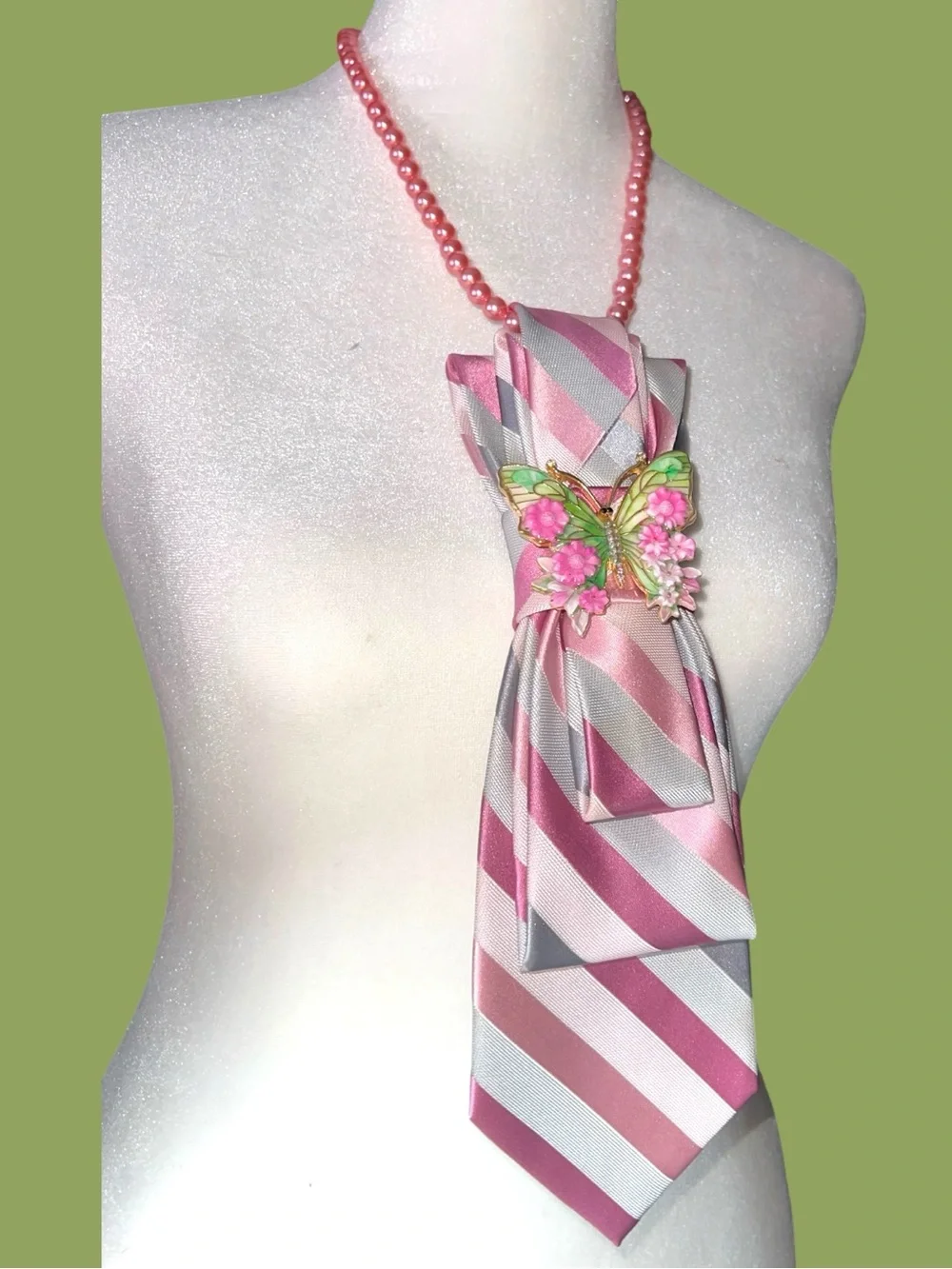 Pink Striped Tie Necklace with Green Butterfly Accent